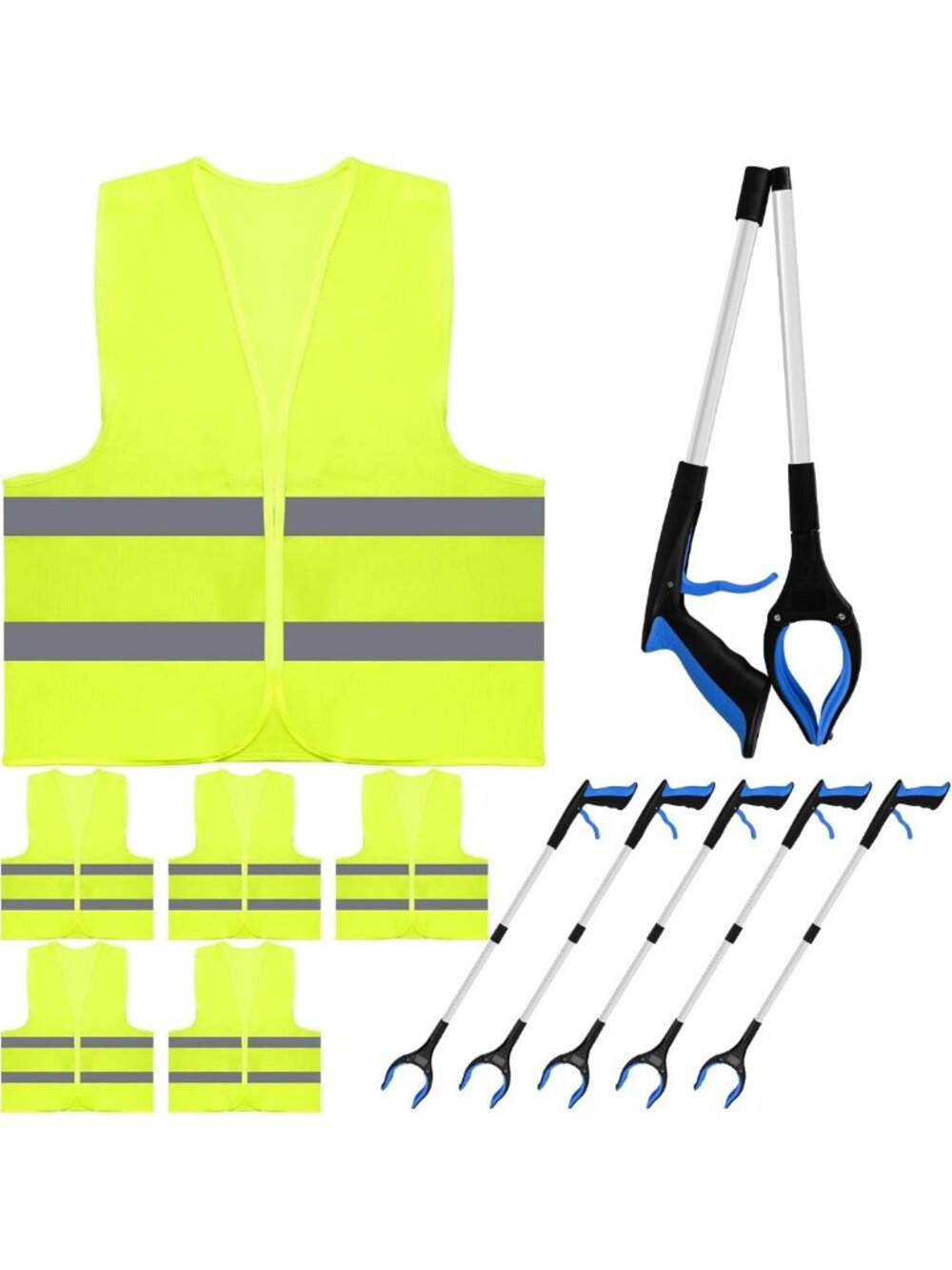 6-Pack Reflective Safety Vests & 32-Inch Trash Picker Tool Kit for Litter